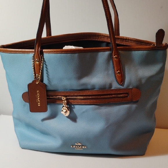 Coach Handbags - Coach Light Blue Tote with Brown Leather Trim